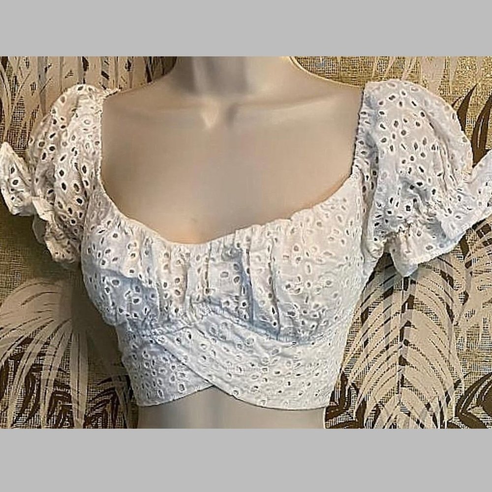 SHEIN White Cotton Eyelet Wrap Tie Crop Top Sz Sml ~ Cottage Core Country Blouse